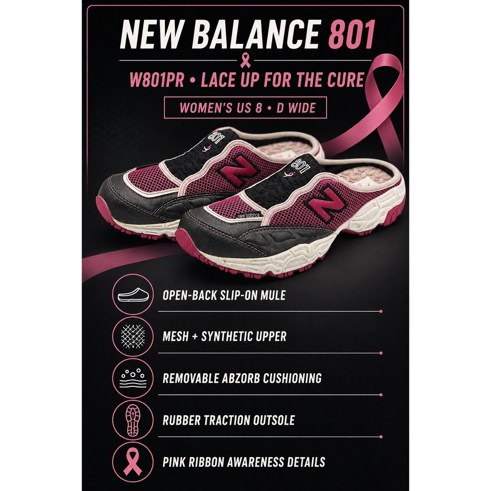 New Balance 801 Women 8 D Wide Pink Ribbon Slip On Mule Walking Shoe Gray W801PR - Picture 10 of 10